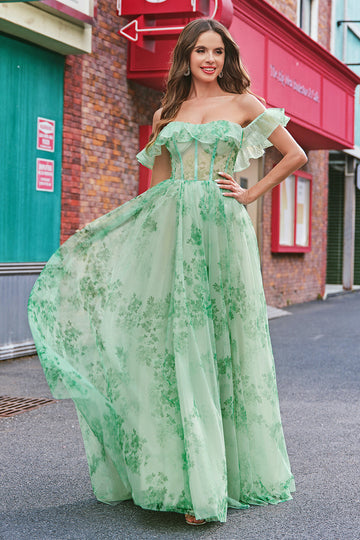 Floral A Line Off The Shoulder Corset Long Green Formal Dress